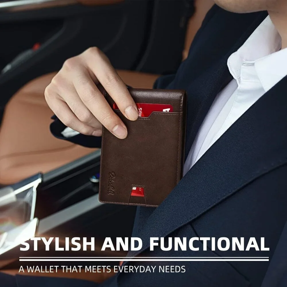 Men's Chocolate Premium Vegan Leather Wallet Slim Blocking Credit Card Design